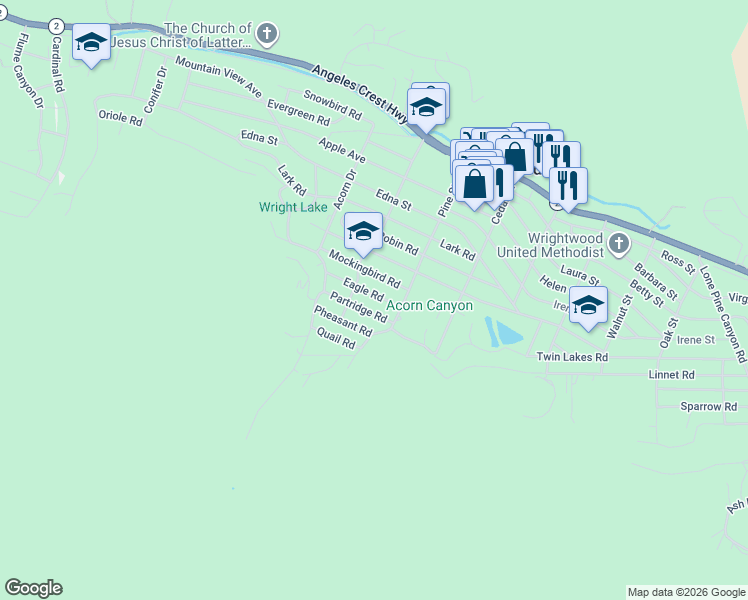 map of restaurants, bars, coffee shops, grocery stores, and more near 1053 Partridge Road in Wrightwood