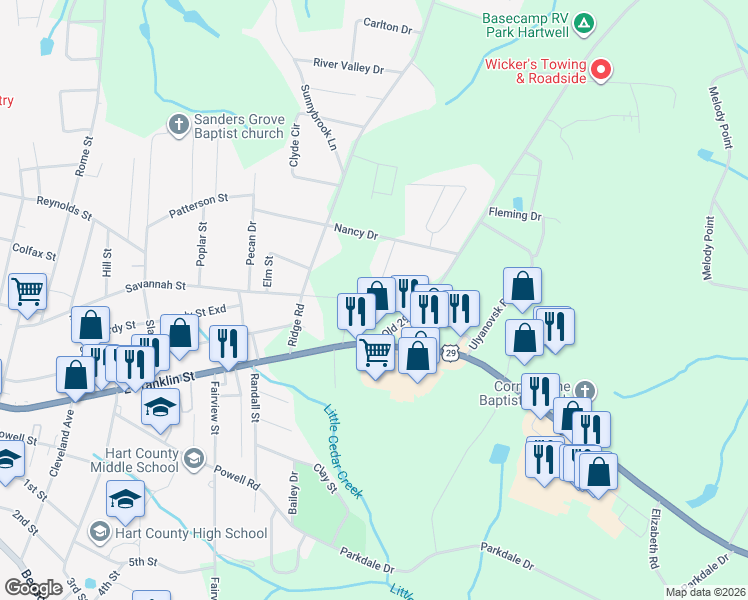 map of restaurants, bars, coffee shops, grocery stores, and more near 816 Savannah Saint Exd in Hartwell