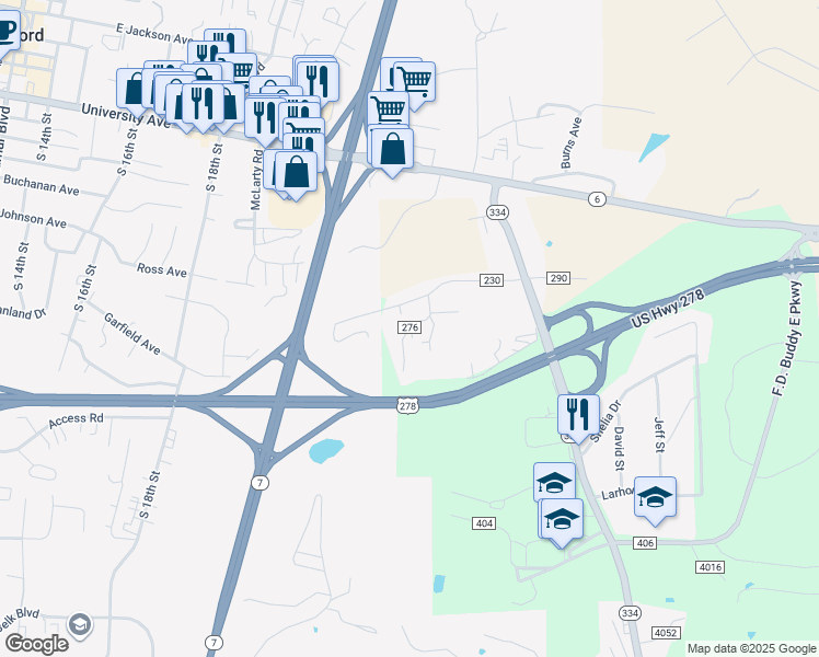 map of restaurants, bars, coffee shops, grocery stores, and more near County Road 276 in Oxford