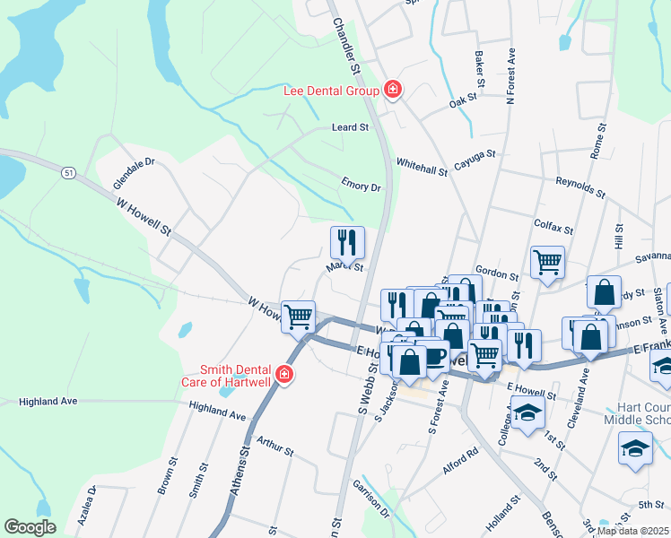 map of restaurants, bars, coffee shops, grocery stores, and more near 97 Maret Street in Hartwell