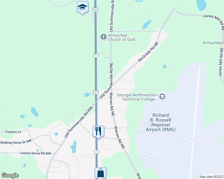 map of restaurants, bars, coffee shops, grocery stores, and more near 0 Hatfield Road Northeast in Rome