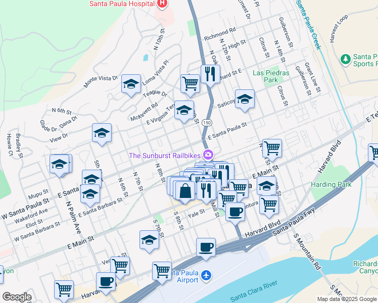 map of restaurants, bars, coffee shops, grocery stores, and more near 240 North Mill Street in Santa Paula