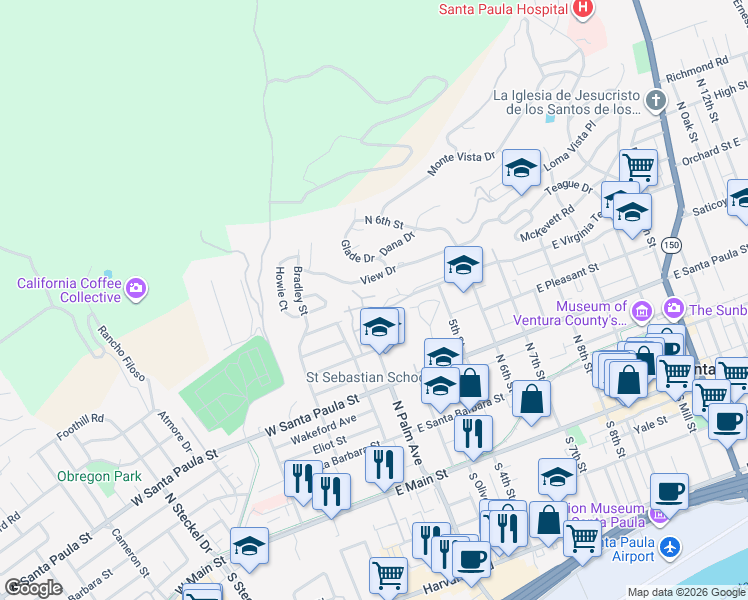 map of restaurants, bars, coffee shops, grocery stores, and more near 250 Lilac Lane in Santa Paula