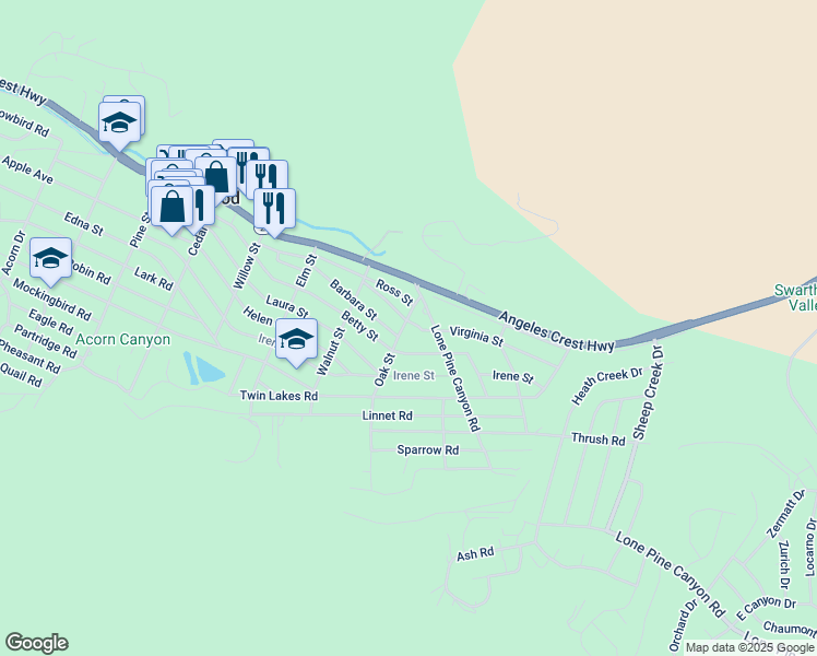 map of restaurants, bars, coffee shops, grocery stores, and more near 1679 Virginia Street in Wrightwood