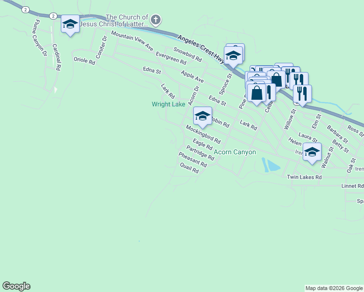 map of restaurants, bars, coffee shops, grocery stores, and more near Acorn Drive in Wrightwood