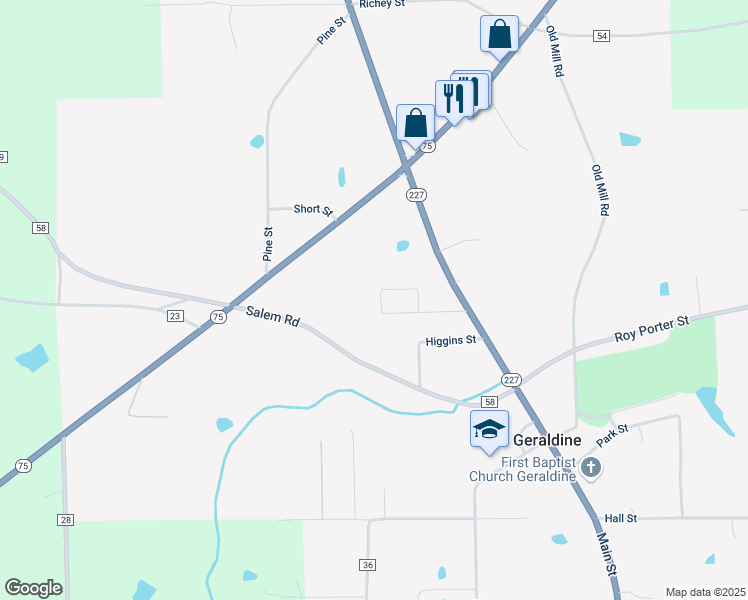 map of restaurants, bars, coffee shops, grocery stores, and more near 223 Joe Hope Drive in Geraldine
