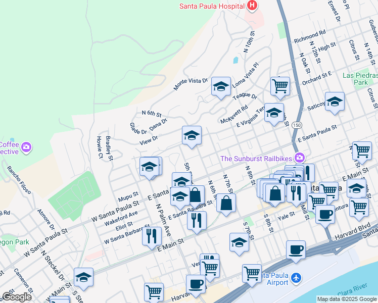 map of restaurants, bars, coffee shops, grocery stores, and more near 404 North 6th Street in Santa Paula