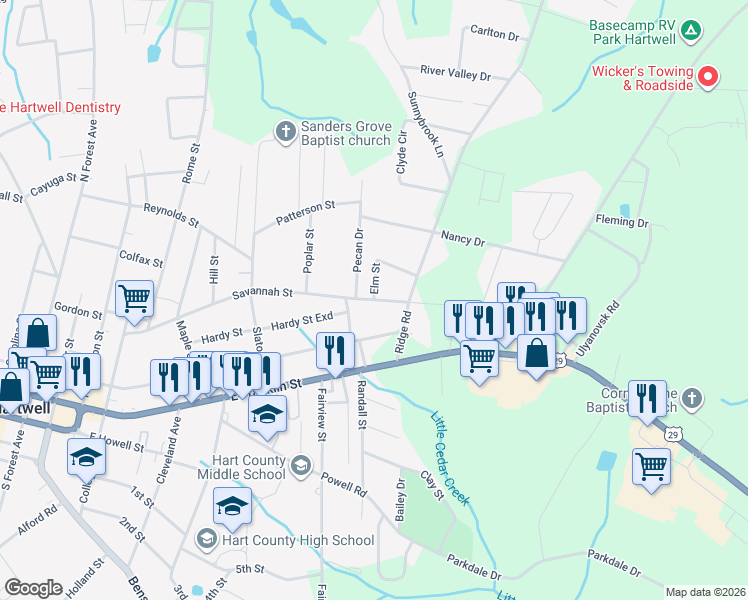 map of restaurants, bars, coffee shops, grocery stores, and more near 1 Elm Street in Hartwell