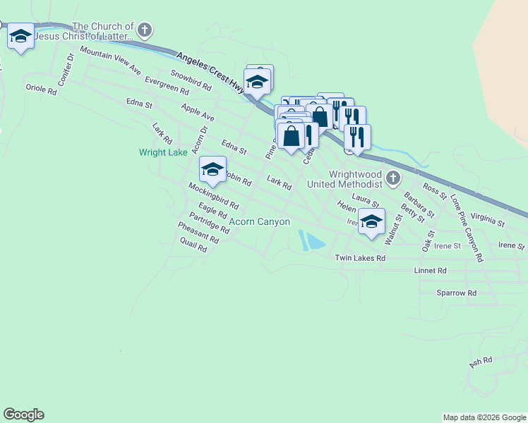 map of restaurants, bars, coffee shops, grocery stores, and more near 1197 Oriole Road in Wrightwood