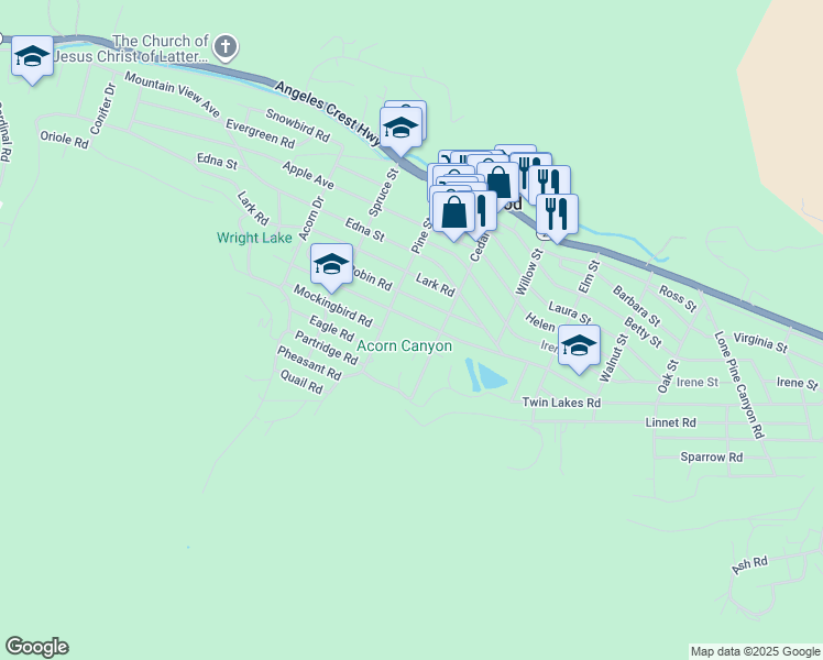 map of restaurants, bars, coffee shops, grocery stores, and more near 1197 Oriole Road in Wrightwood