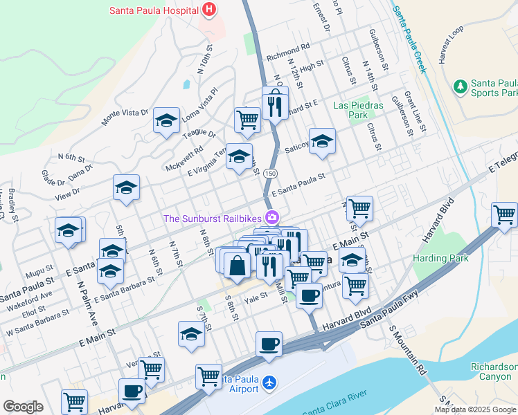 map of restaurants, bars, coffee shops, grocery stores, and more near 309 North Mill Street in Santa Paula