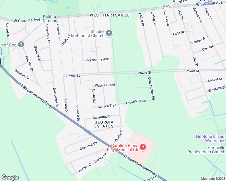 map of restaurants, bars, coffee shops, grocery stores, and more near 1400 Wateree Trail in Hartsville