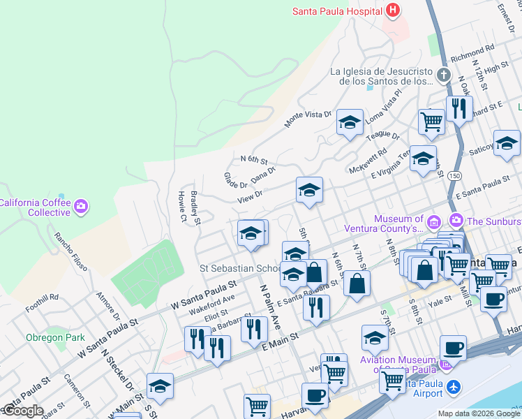 map of restaurants, bars, coffee shops, grocery stores, and more near 301 East Virginia Terrace in Santa Paula