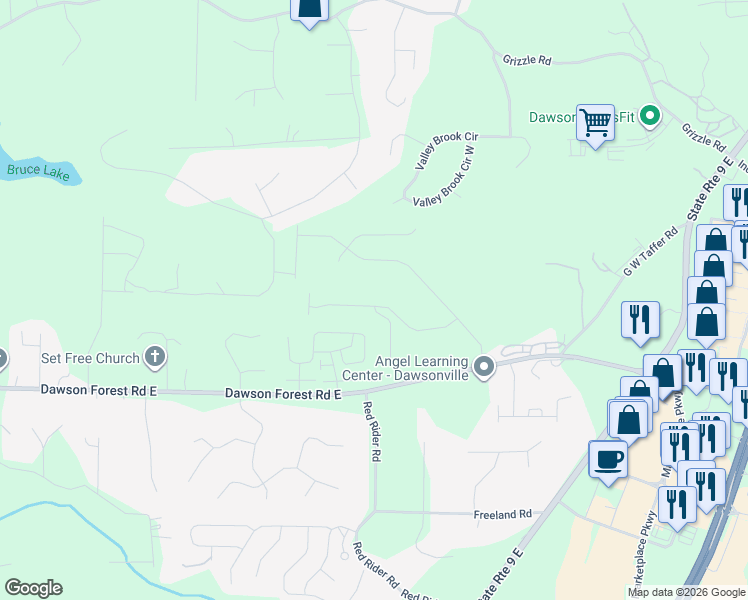 map of restaurants, bars, coffee shops, grocery stores, and more near 146 Riley Circle in Dawsonville