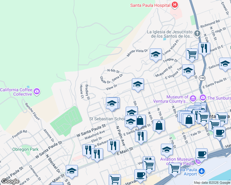 map of restaurants, bars, coffee shops, grocery stores, and more near 301 East Virginia Terrace in Santa Paula