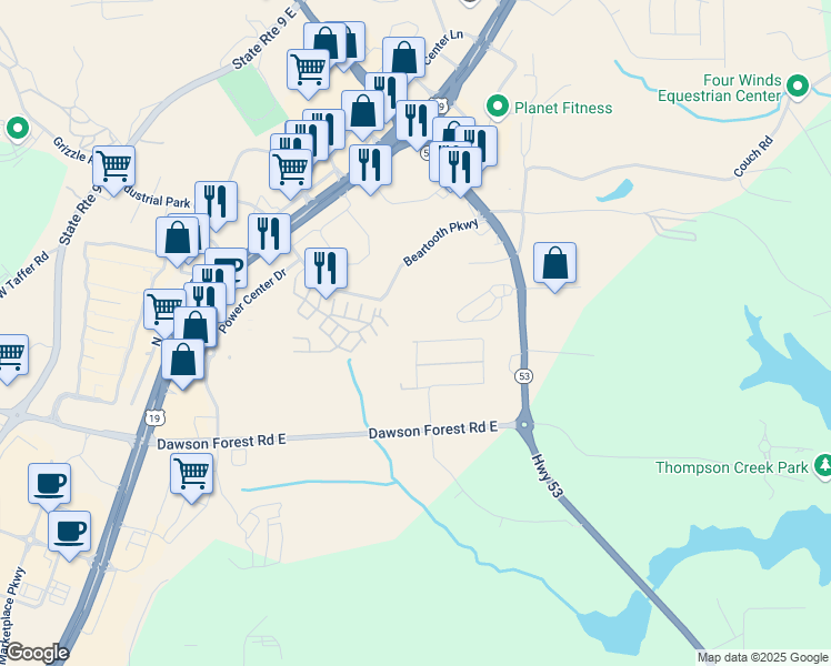 map of restaurants, bars, coffee shops, grocery stores, and more near 8 Shelter Lane West in Dawsonville