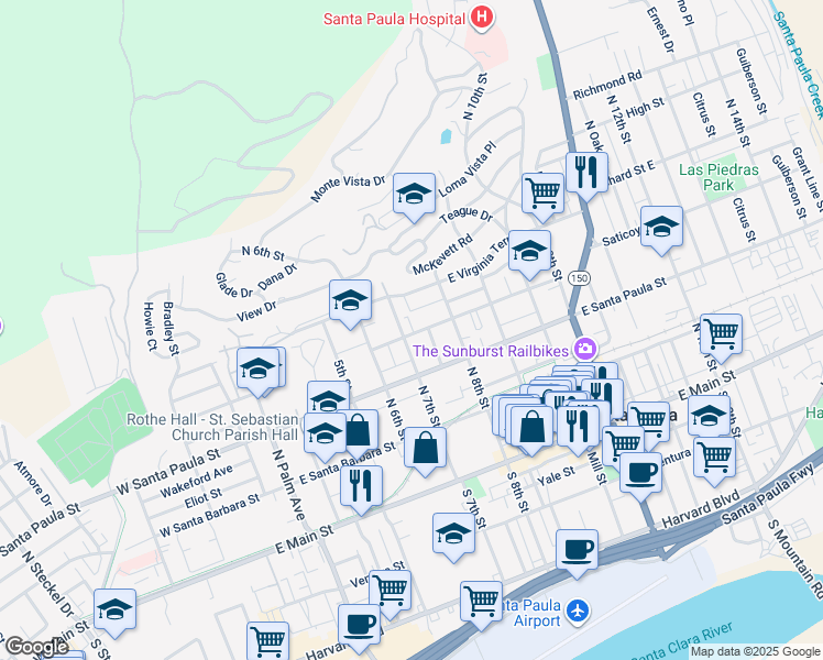 map of restaurants, bars, coffee shops, grocery stores, and more near 420 North 7th Street in Santa Paula