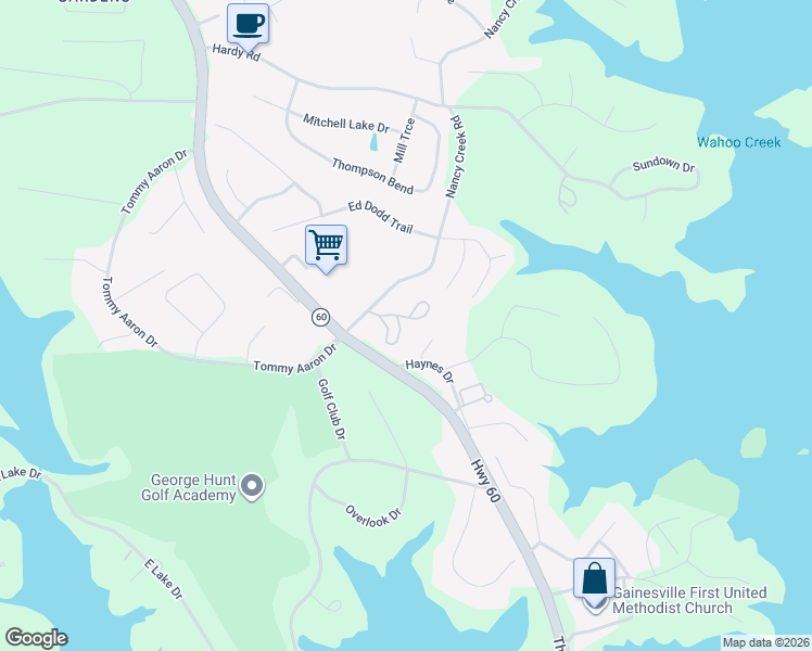 map of restaurants, bars, coffee shops, grocery stores, and more near 3376 Arbor Walk Drive in Gainesville