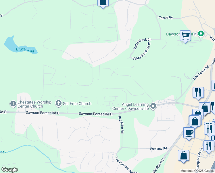 map of restaurants, bars, coffee shops, grocery stores, and more near 350 Timberland Avenue in Dawsonville