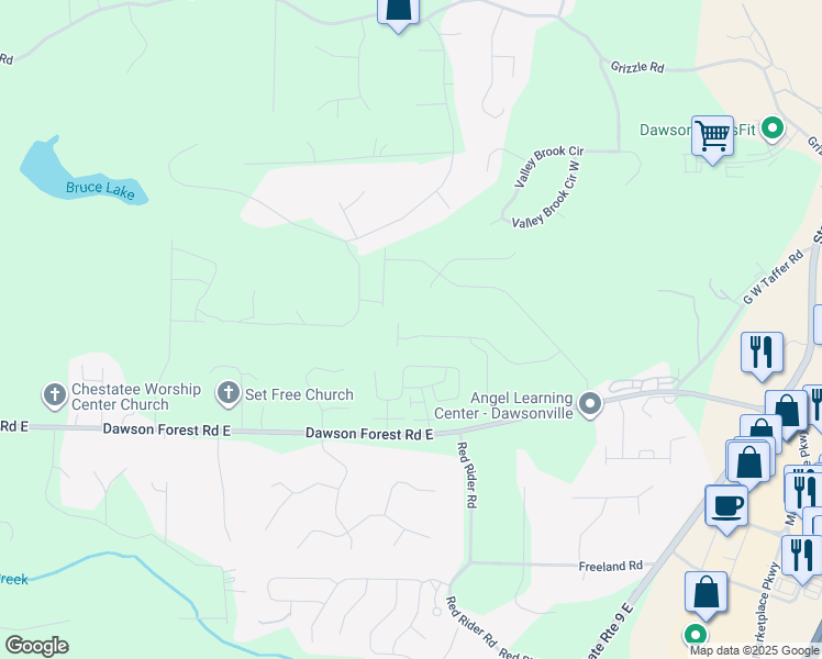 map of restaurants, bars, coffee shops, grocery stores, and more near 358 Timberland Avenue in Dawsonville
