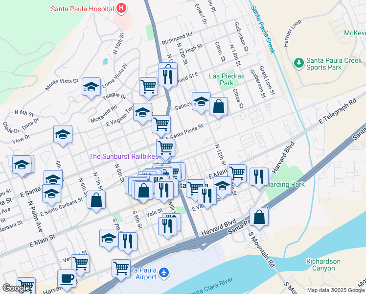 map of restaurants, bars, coffee shops, grocery stores, and more near 221 North Ojai Street in Santa Paula