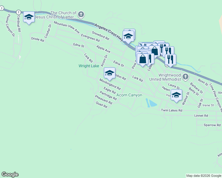 map of restaurants, bars, coffee shops, grocery stores, and more near 5879 Spruce Street in Wrightwood