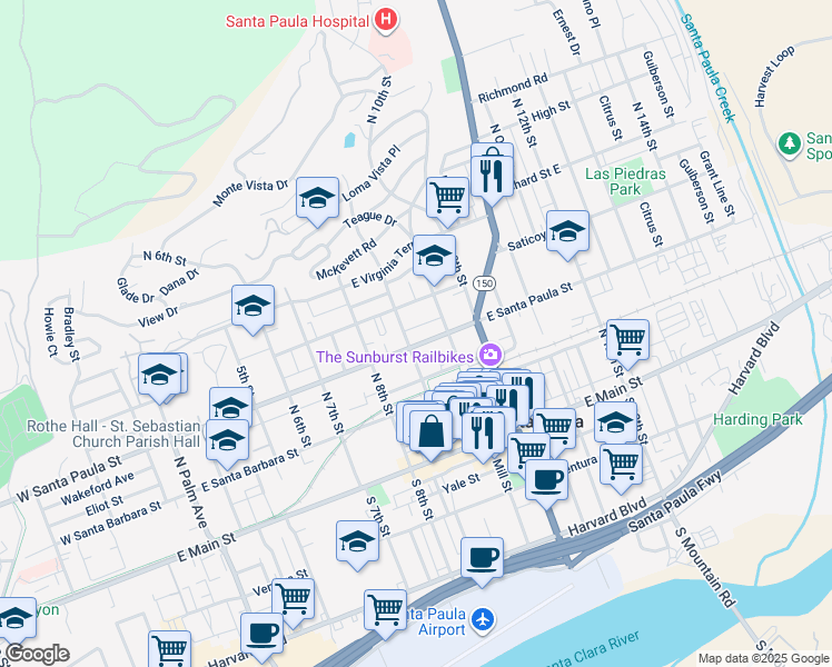 map of restaurants, bars, coffee shops, grocery stores, and more near 905 East Santa Paula Street in Santa Paula