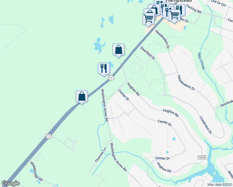 map of restaurants, bars, coffee shops, grocery stores, and more near 102 Center Drive in Hampstead