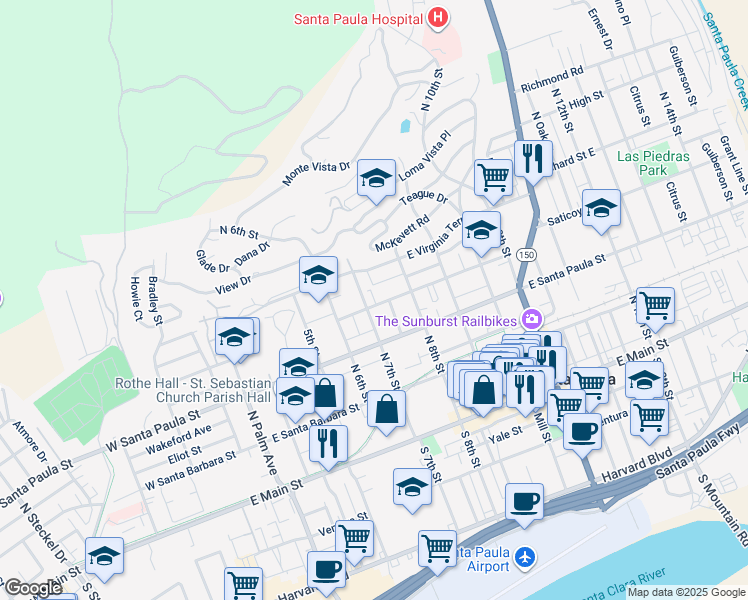 map of restaurants, bars, coffee shops, grocery stores, and more near 707 East Pleasant Street in Santa Paula