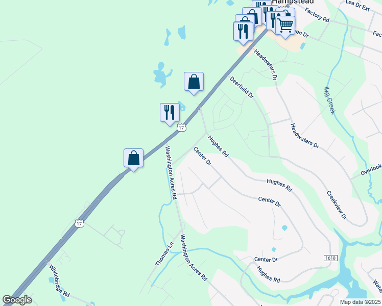 map of restaurants, bars, coffee shops, grocery stores, and more near 102-108 Center Drive in Hampstead
