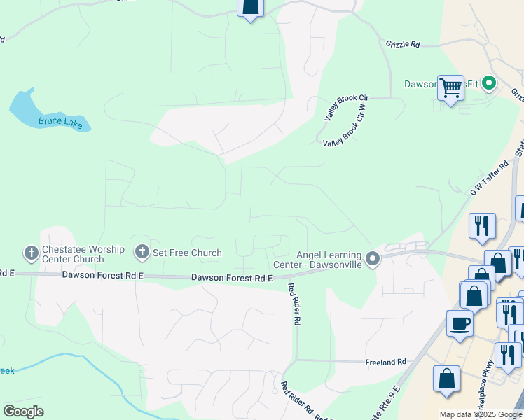 map of restaurants, bars, coffee shops, grocery stores, and more near 350 Timberland Avenue in Dawsonville