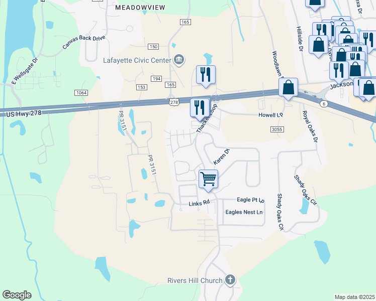 map of restaurants, bars, coffee shops, grocery stores, and more near 905 Private Road 3097 in Oxford