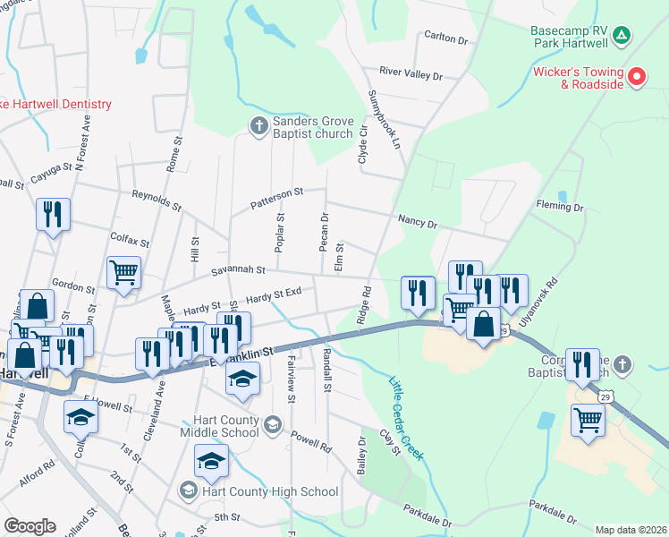 map of restaurants, bars, coffee shops, grocery stores, and more near 1-99 Elm St in Hartwell