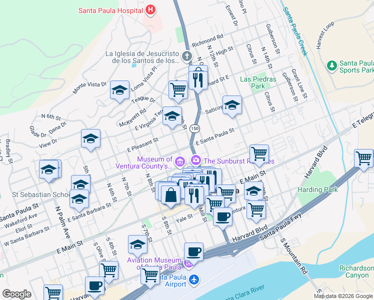 map of restaurants, bars, coffee shops, grocery stores, and more near 309 North Mill Street in Santa Paula