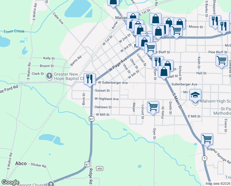 map of restaurants, bars, coffee shops, grocery stores, and more near 1223 Earnest Street in Malvern