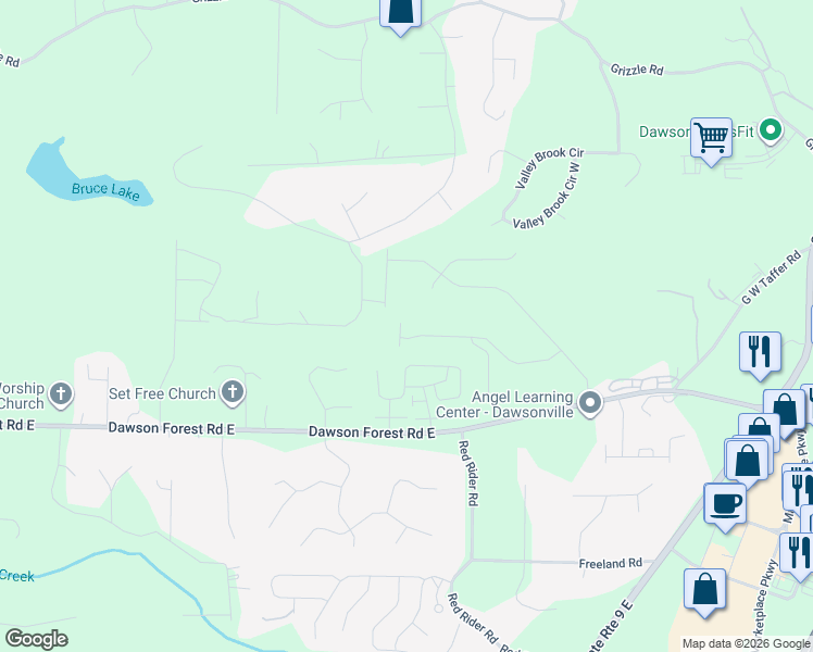map of restaurants, bars, coffee shops, grocery stores, and more near 358 Timberland Avenue in Dawsonville