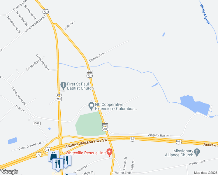 map of restaurants, bars, coffee shops, grocery stores, and more near 233 Quail Drive in Whiteville