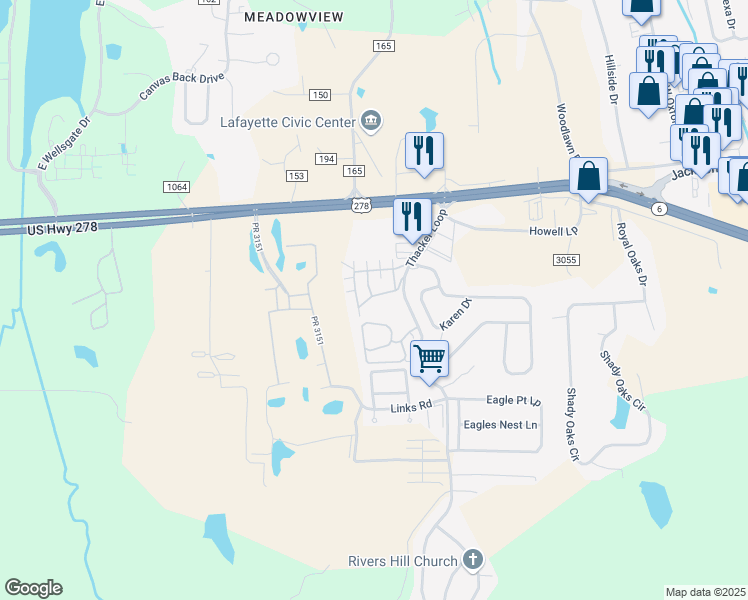 map of restaurants, bars, coffee shops, grocery stores, and more near 1604 Private Road 3097 in Oxford