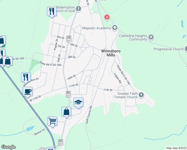 map of restaurants, bars, coffee shops, grocery stores, and more near 115 Birch Street in Winnsboro