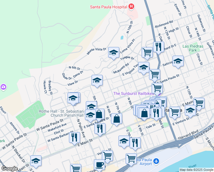 map of restaurants, bars, coffee shops, grocery stores, and more near 420 North 7th Street in Santa Paula