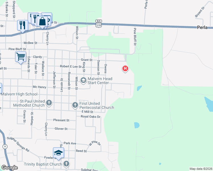 map of restaurants, bars, coffee shops, grocery stores, and more near in Malvern