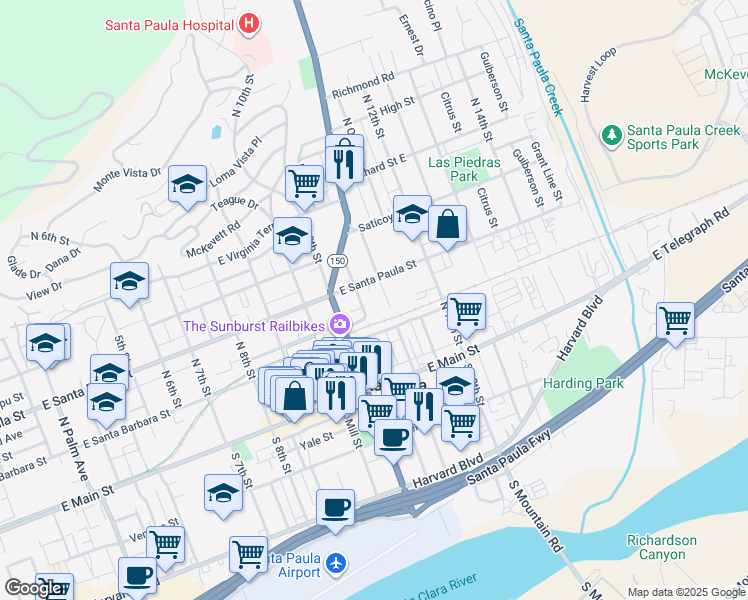 map of restaurants, bars, coffee shops, grocery stores, and more near 221 North Ojai Street in Santa Paula