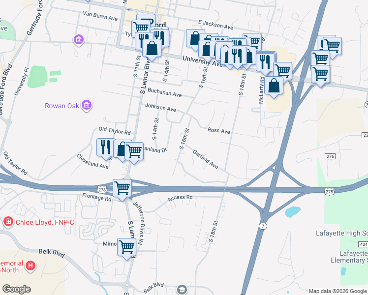 map of restaurants, bars, coffee shops, grocery stores, and more near 1513 Garfield Avenue in Oxford