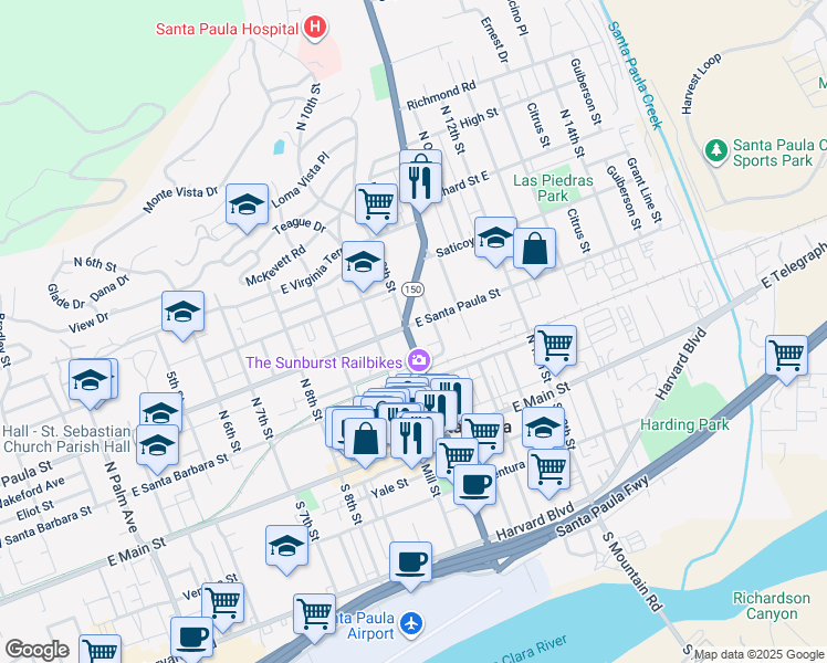 map of restaurants, bars, coffee shops, grocery stores, and more near 1012 East Santa Paula Street in Santa Paula