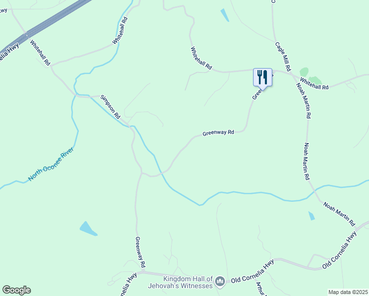 map of restaurants, bars, coffee shops, grocery stores, and more near Greenway Road in Hall County