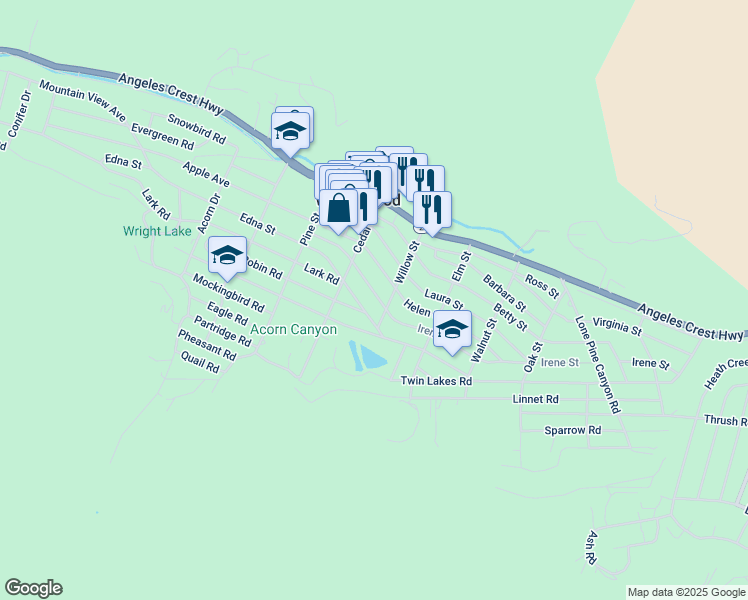map of restaurants, bars, coffee shops, grocery stores, and more near 1341 Irene Street in Wrightwood
