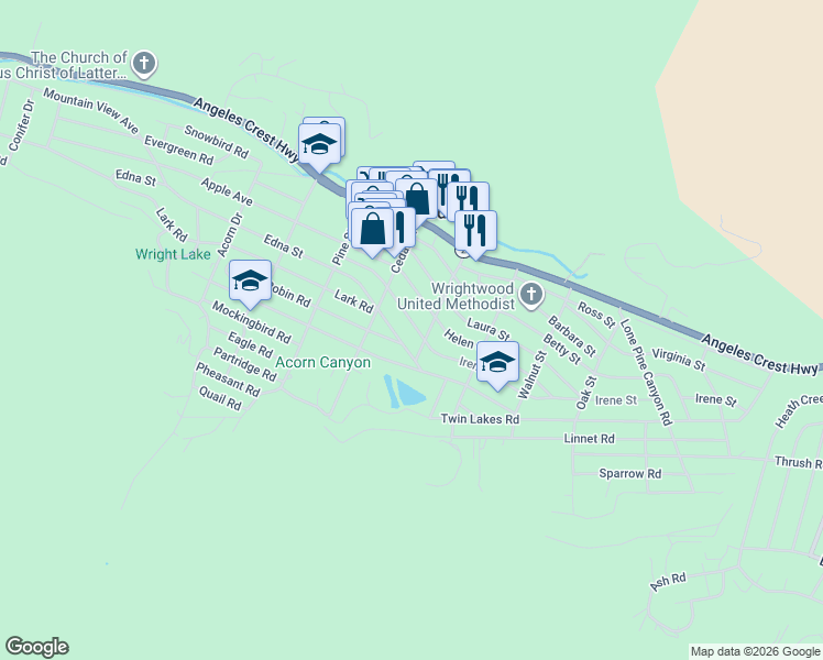 map of restaurants, bars, coffee shops, grocery stores, and more near 1341 Irene Street in Wrightwood