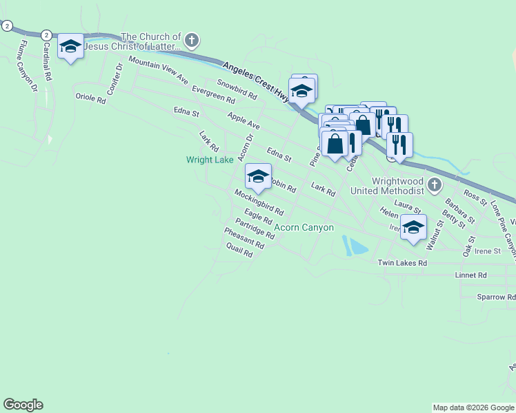 map of restaurants, bars, coffee shops, grocery stores, and more near 5879 Spruce Street in Wrightwood