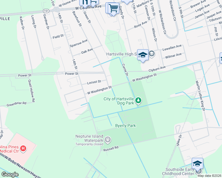 map of restaurants, bars, coffee shops, grocery stores, and more near 821 West Washington Street in Hartsville