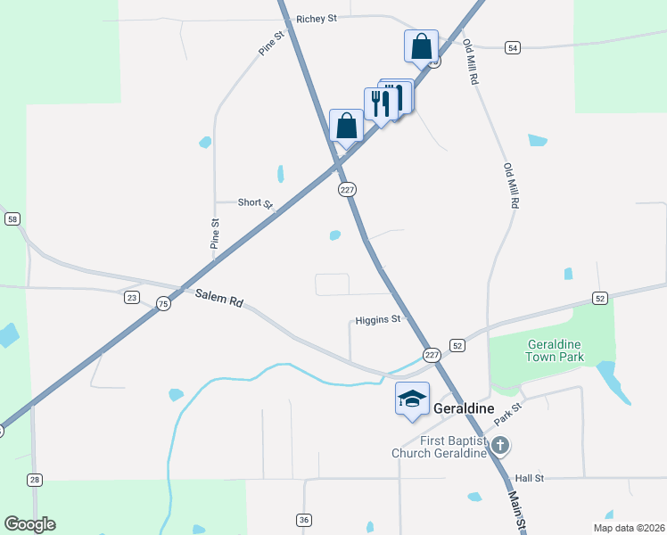 map of restaurants, bars, coffee shops, grocery stores, and more near 333 Joe Hope Drive in Geraldine